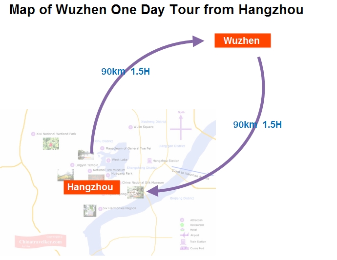 Hangzhou Wuzhen 1 Day Tour Map